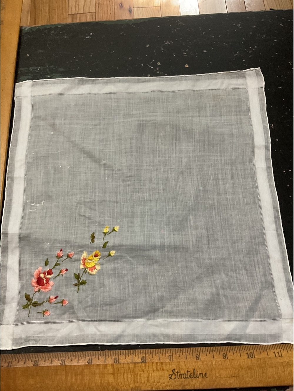 Vintage White Handkerchief with Embroidered Floral Design